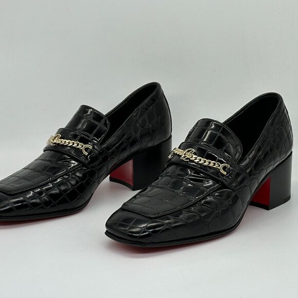Christian Louboutin MJ MOC 50 Croc Leather Heeled Loafers Shoes Chain CL - Picture 12 of 16